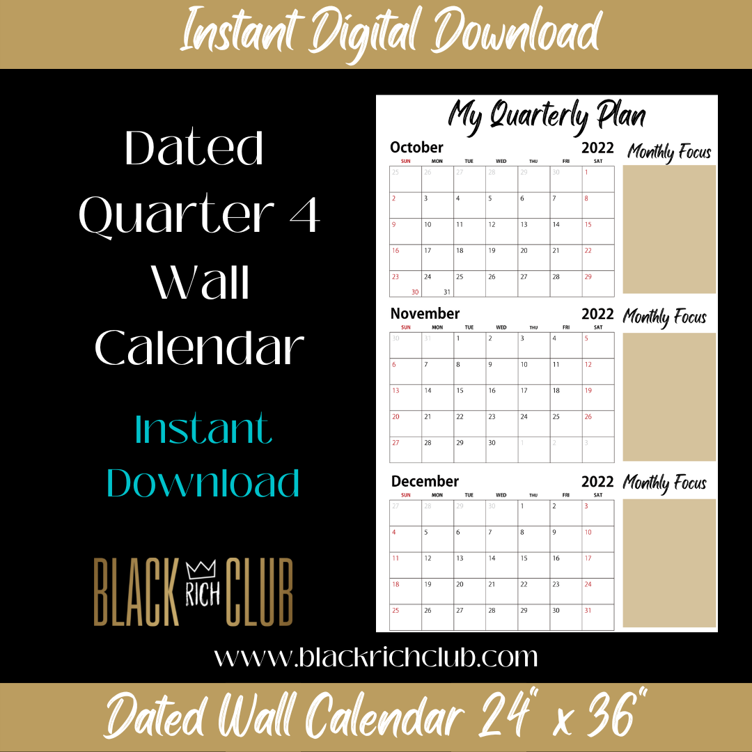 "My Quarterly Plan" Instant Download Dated Wall Calendar (October 2022 - December 2022)